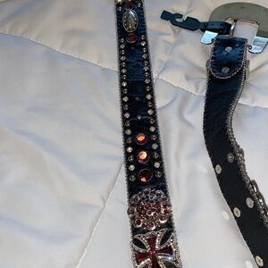 WB ATLAS Western Rhinestone Silver and Black Cowhide Leather Belt